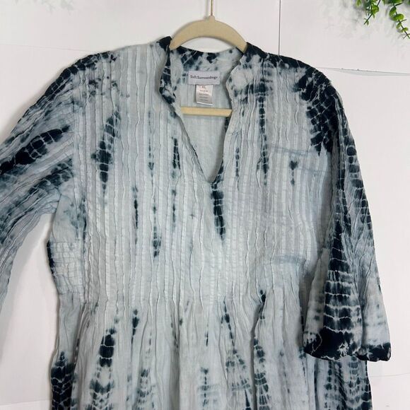 Soft Surroundings Marbella Dress XL Blue Navy Pintuck Ruffle Cotton Tie Dye boho - Picture 7 of 12